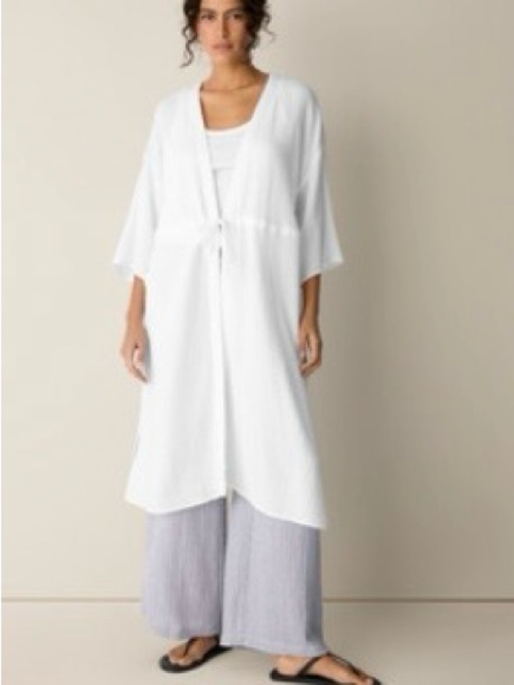 Eileen Fisher White Long Open-Front Kimono Tunic